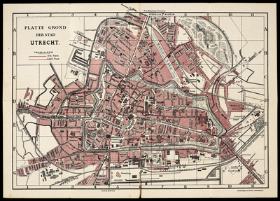 214766 Plattegrond van de stad Utrecht, met weergave van het stratenplan met namen, bebouwing, wegen, spoorwegen, ...